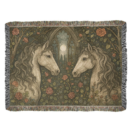 100% Cotton Woven Blanket – Enchanted Forest Scene with Two Horses Eye to Eye