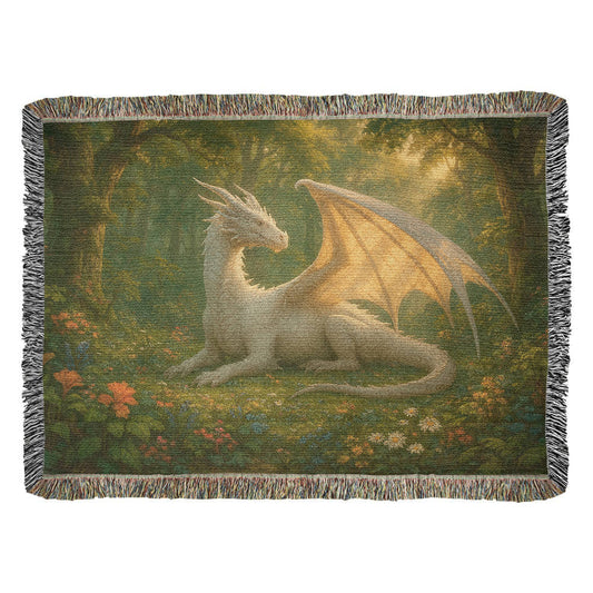 Premium Woven Cotton Throw – Majestic White Dragon on Sunny Forest Meadow