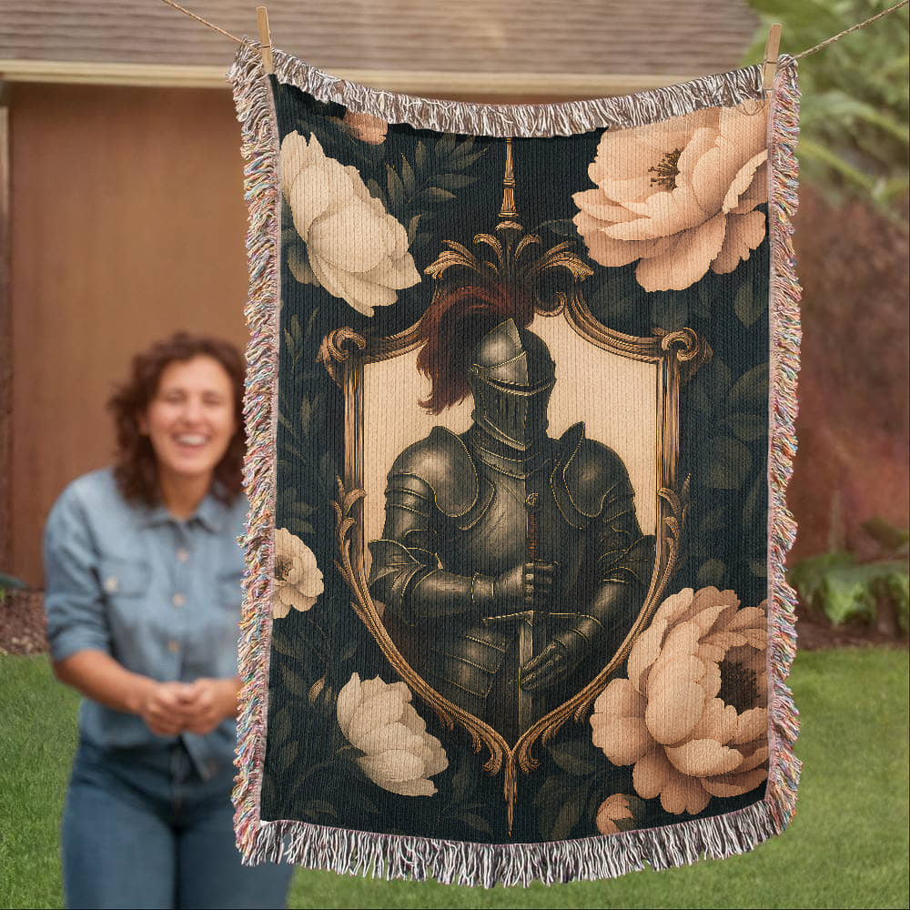 100% Cotton Woven Blanket – Medieval Knight with Sword Inside Shield Frame
