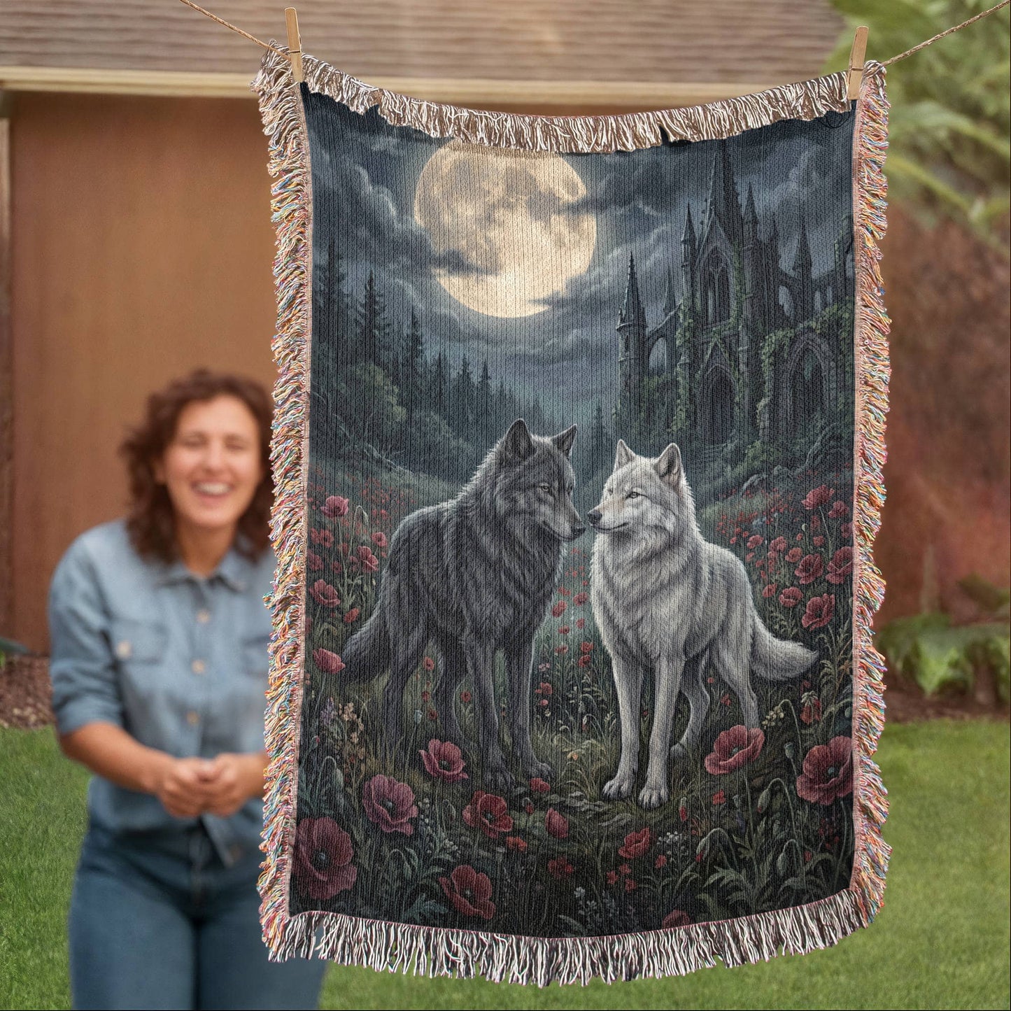 Gothic Wolf Couple Woven Blanket – Moonlit Castle, Poppy Field Tapestry