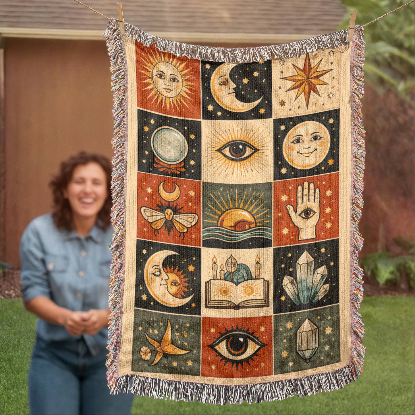 Woven Cotton Blanket – Celestial Tarot Sun Moon Stars, Witchy Boho Throw, Mystical Astrology Tapestry Decor