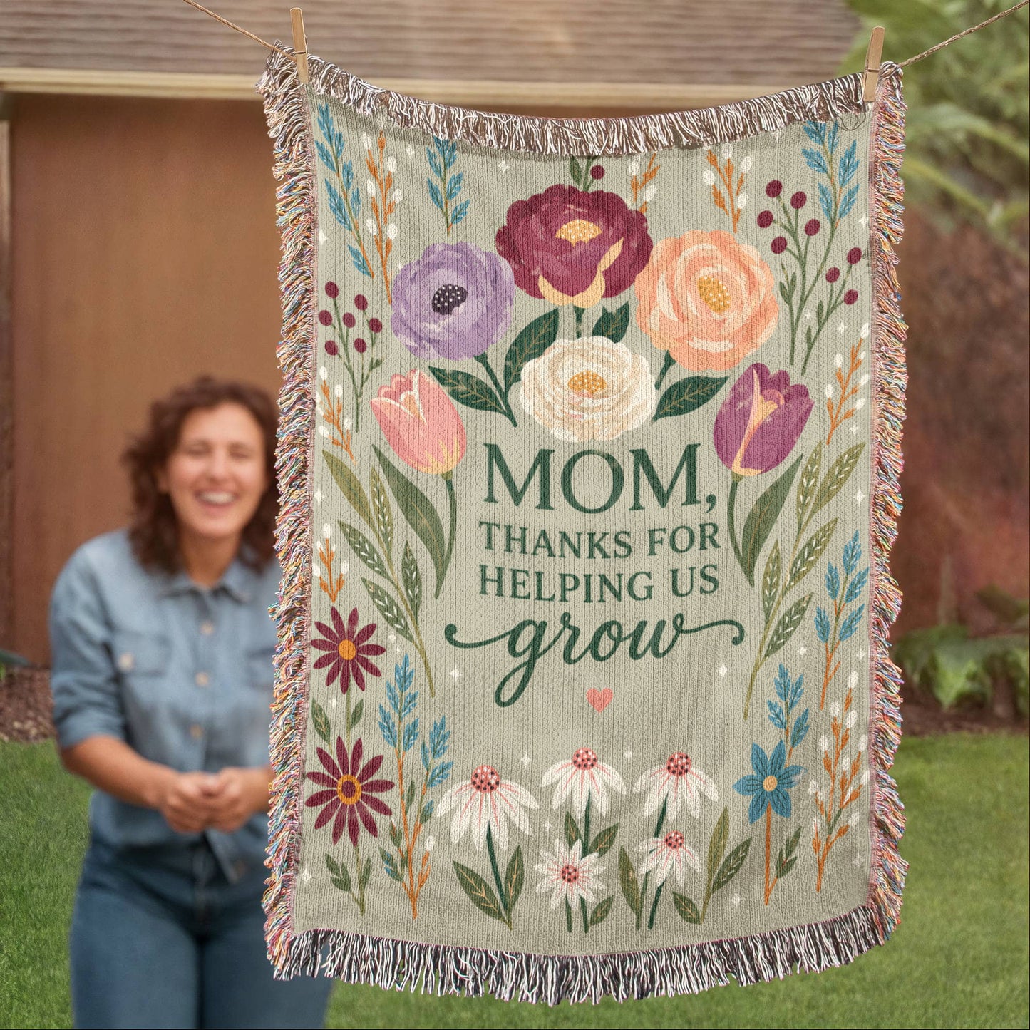 100% Cotton Woven Blanket – Mom Thanks for Helping Us Grow, Floral Mother's Day Throw, Gift for Mom