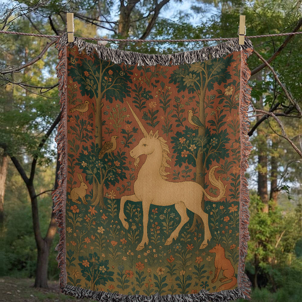 Premium Woven Cotton Throw – Enchanted Forest Unicorn and Fox Surrounded by Birds and Blossoms