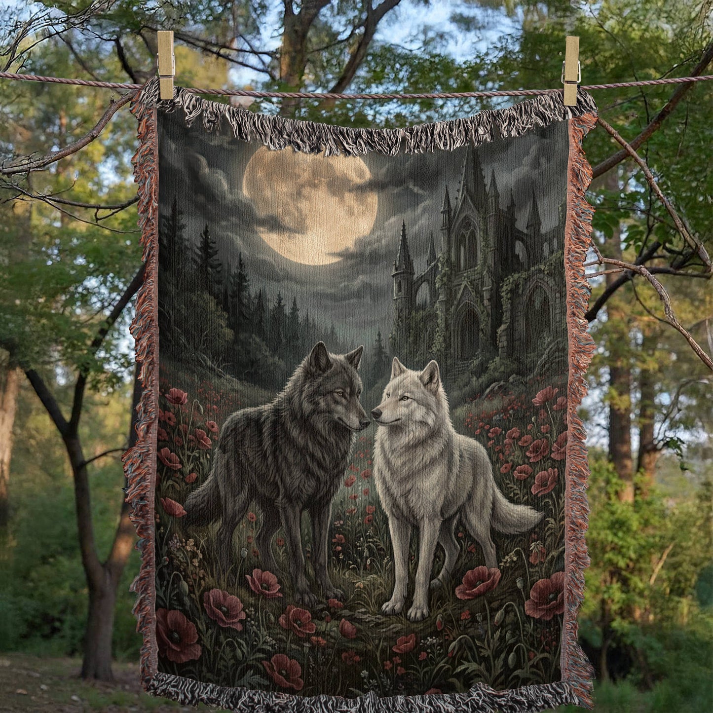 Gothic Wolf Couple Woven Blanket – Moonlit Castle, Poppy Field Tapestry