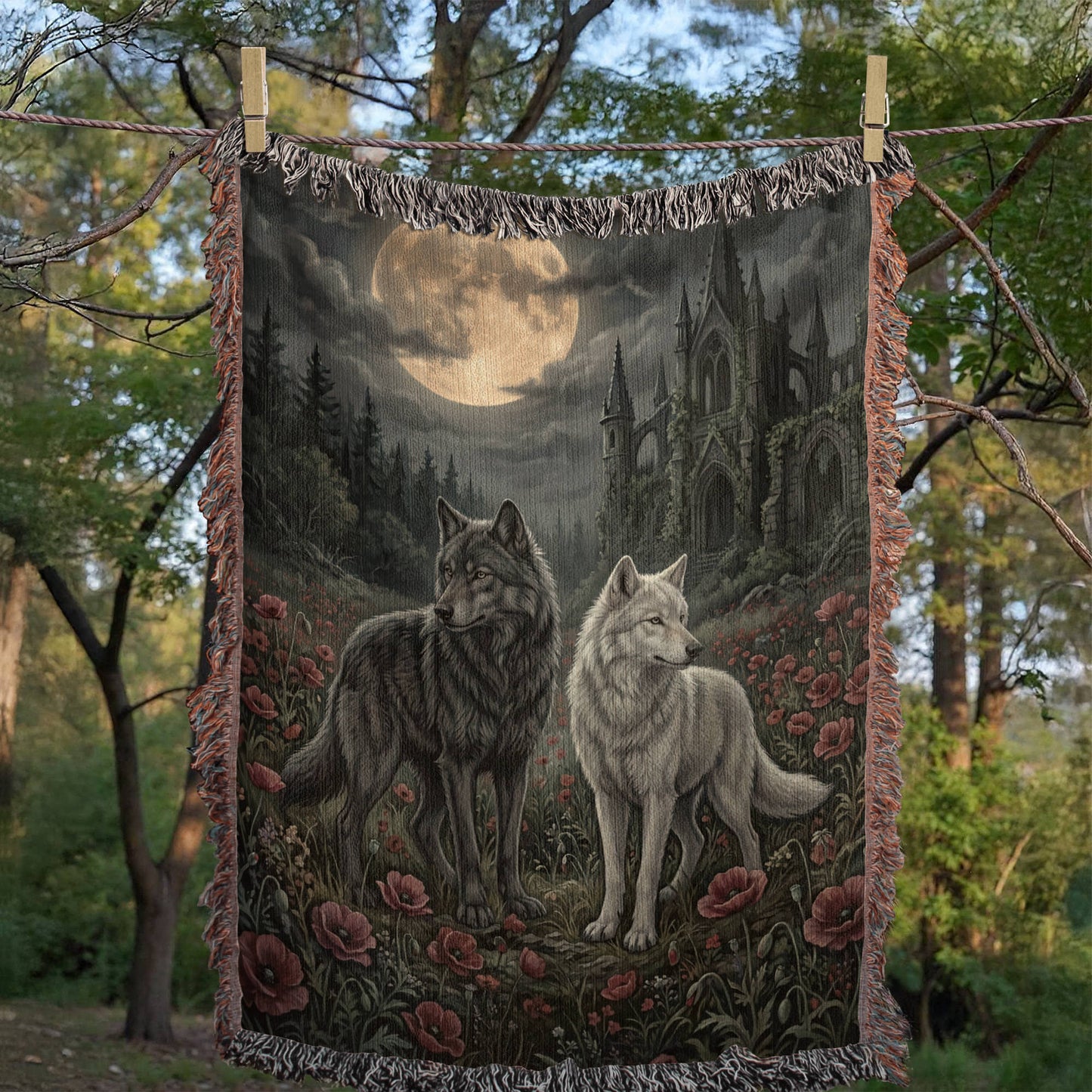Cotton Woven Blanket – Gothic Wolf Couple in Poppy Field under Moon
