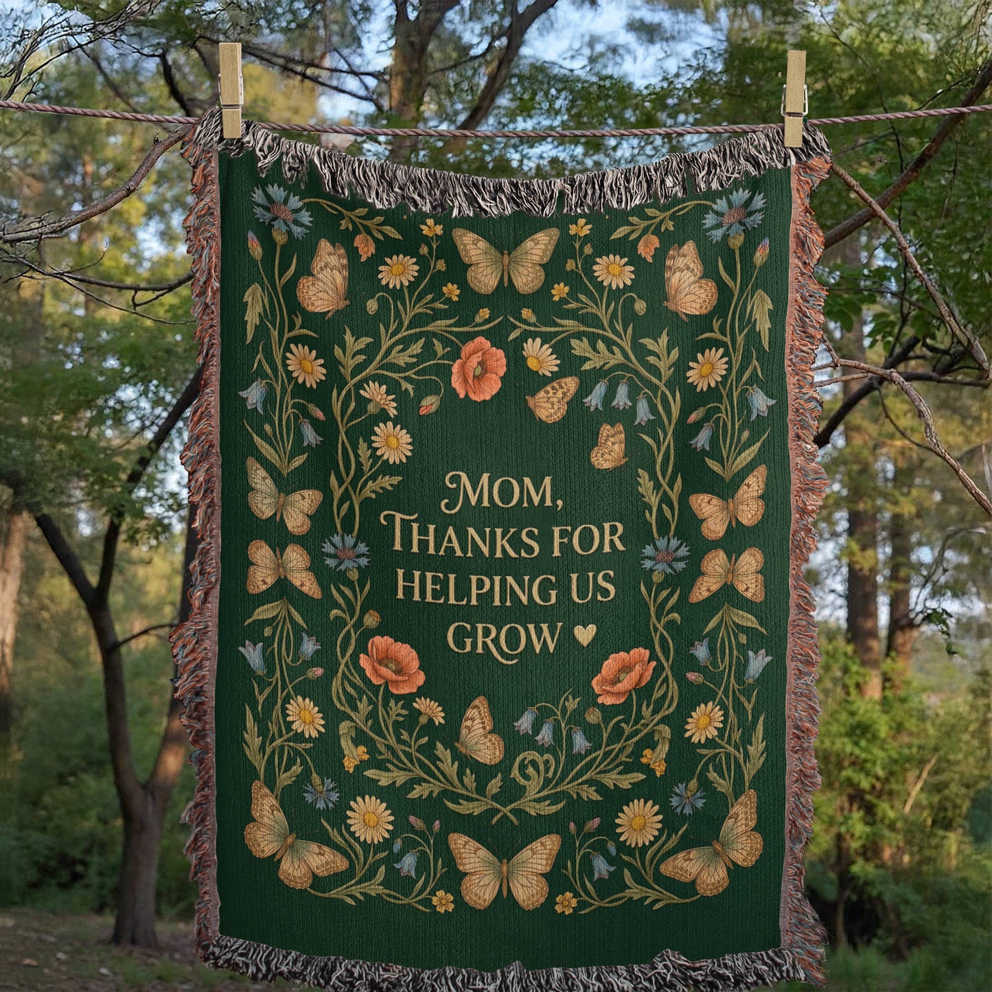 100% Cotton Woven Blanket – Mom Thanks for Helping Us Grow, Emerald Wildflower Throw Gift