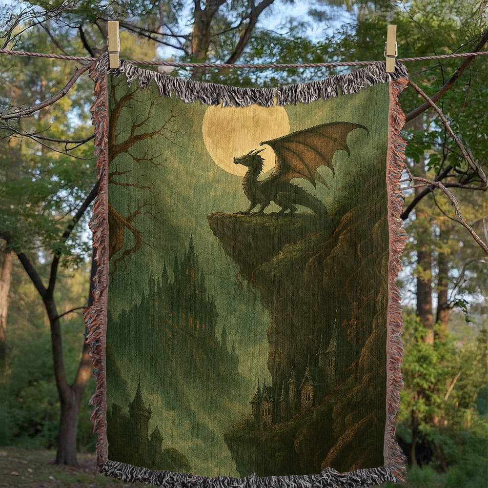 100% Cotton Woven Blanket – Majestic Dragon on Rocky Cliff under Moonlight with Castle View