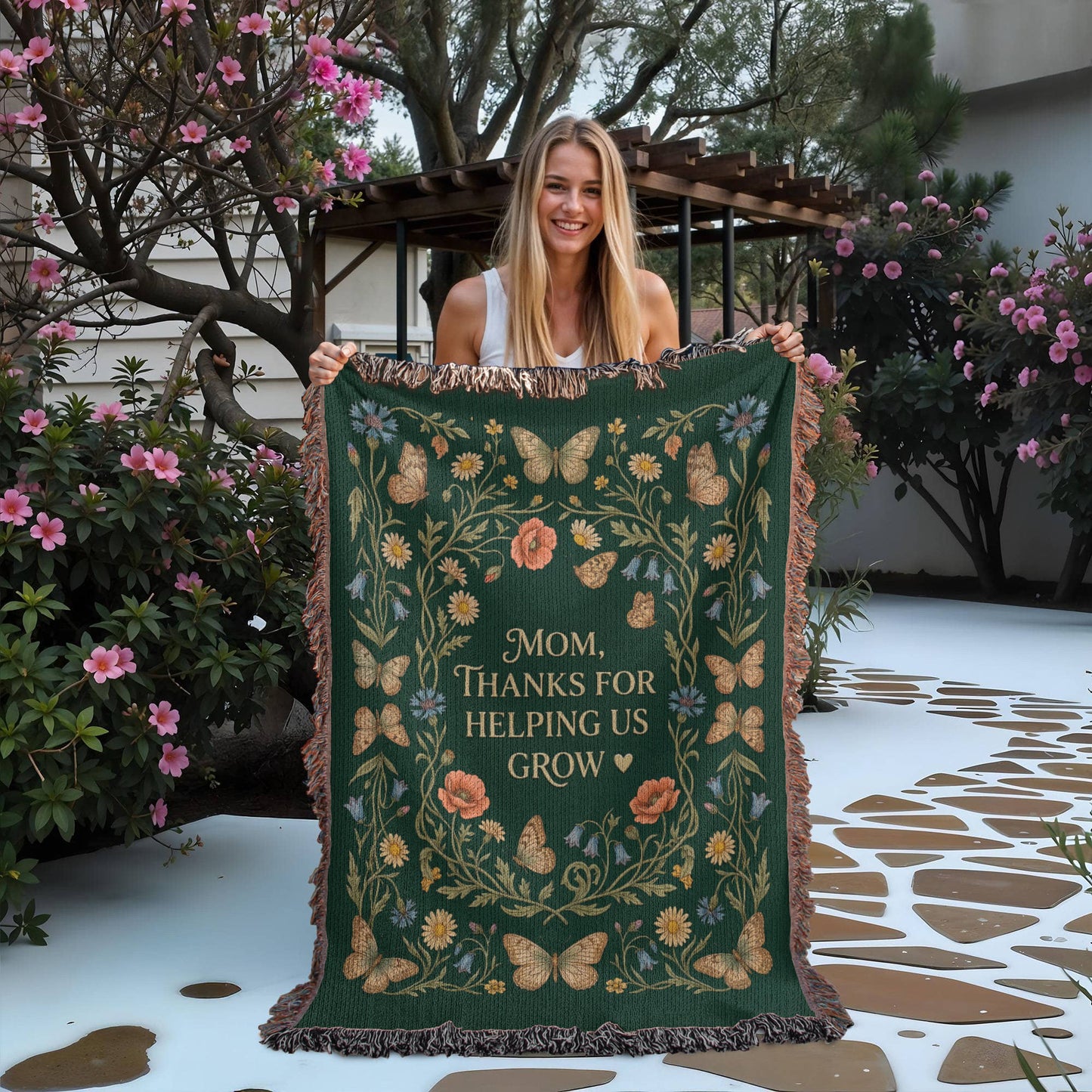 100% Cotton Woven Blanket – Mom Thanks for Helping Us Grow, Emerald Wildflower Throw Gift
