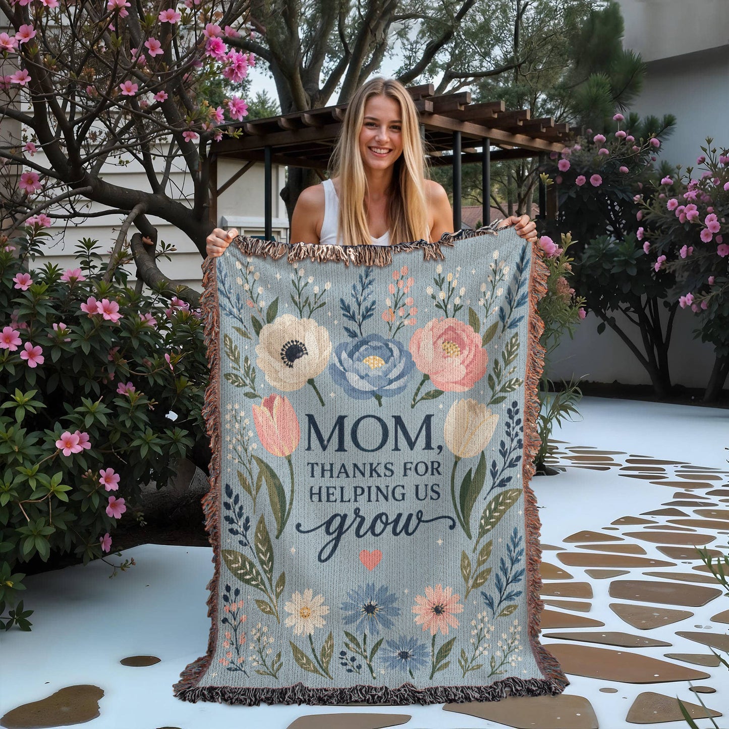 100% Cotton Woven Blanket – Mom Thanks for Helping Us Grow, Blue Floral Mother's Day Throw Gift