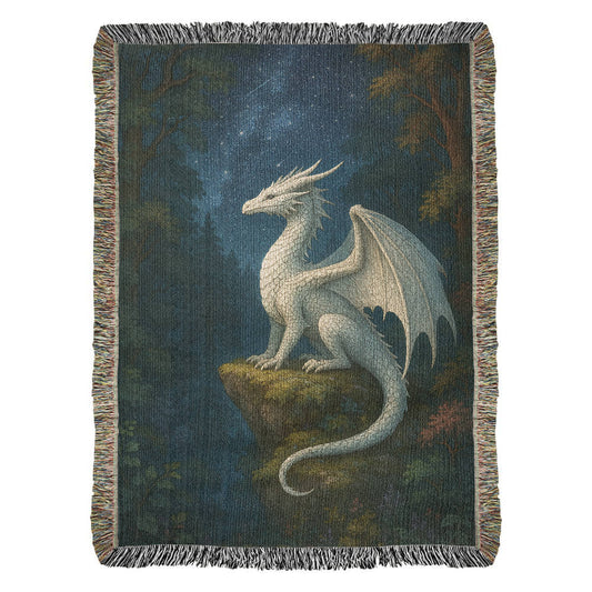 100% Cotton Woven Blanket – White Dragon Perched on Woodland Cliff under Stars