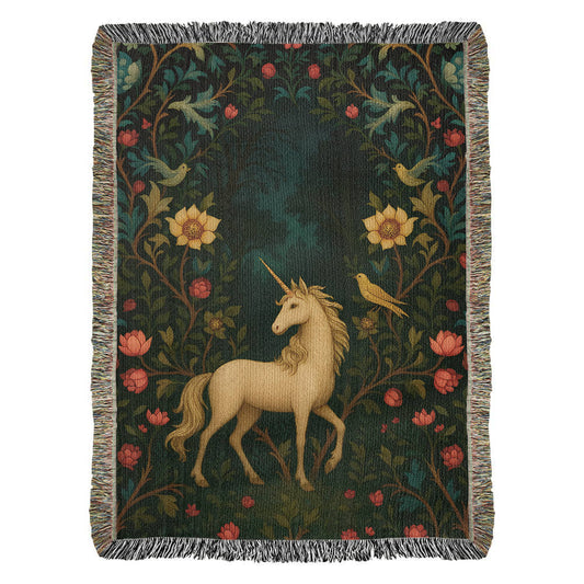 Premium Woven Cotton Throw – Enchanted Forest Unicorn Surrounded by Birds and Blossoms