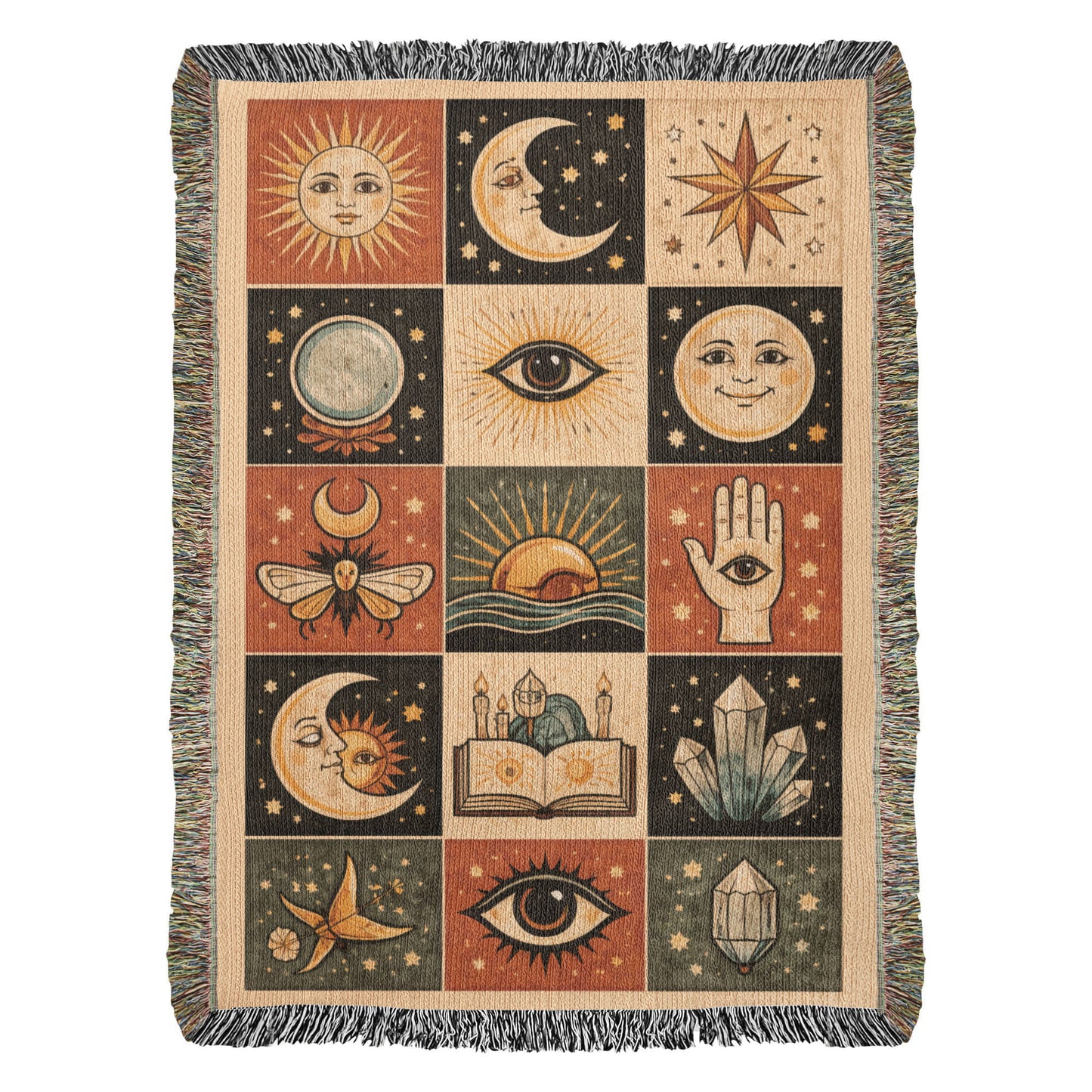 Woven Cotton Blanket – Celestial Tarot Sun Moon Stars, Witchy Boho Throw, Mystical Astrology Tapestry Decor