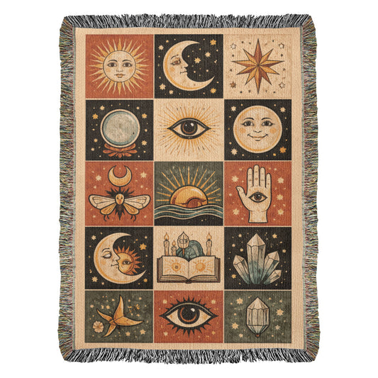 Woven Cotton Blanket – Celestial Tarot Sun Moon Stars, Witchy Boho Throw, Mystical Astrology Tapestry Decor