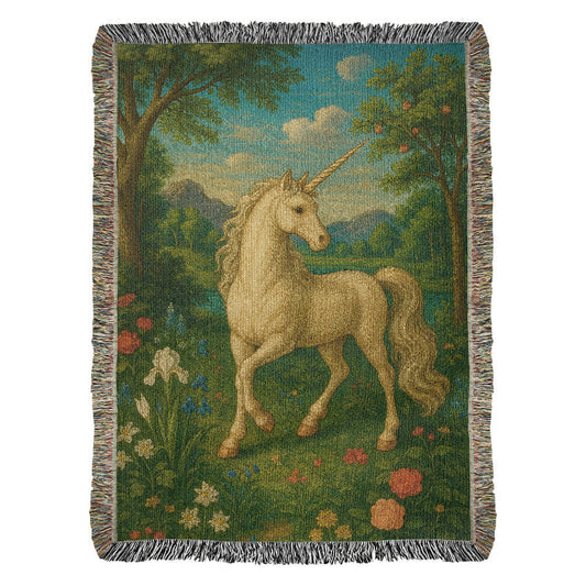 100% Cotton Woven Blanket – Enchanted Unicorn in Floral Clearing with Mountain Backdrop and Clouds