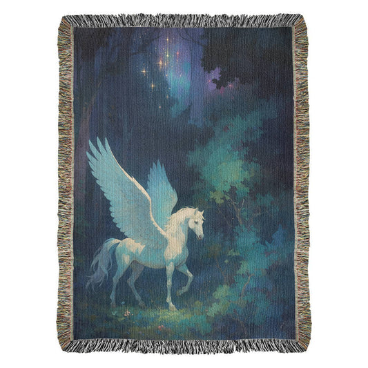 Woven Cotton Blanket – Fantasy White Pegasus in Moonlit Enchanted Forest