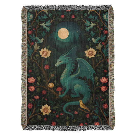 100% Cotton Woven Blanket – Magical Dragon in Moonlit Woodland Scene