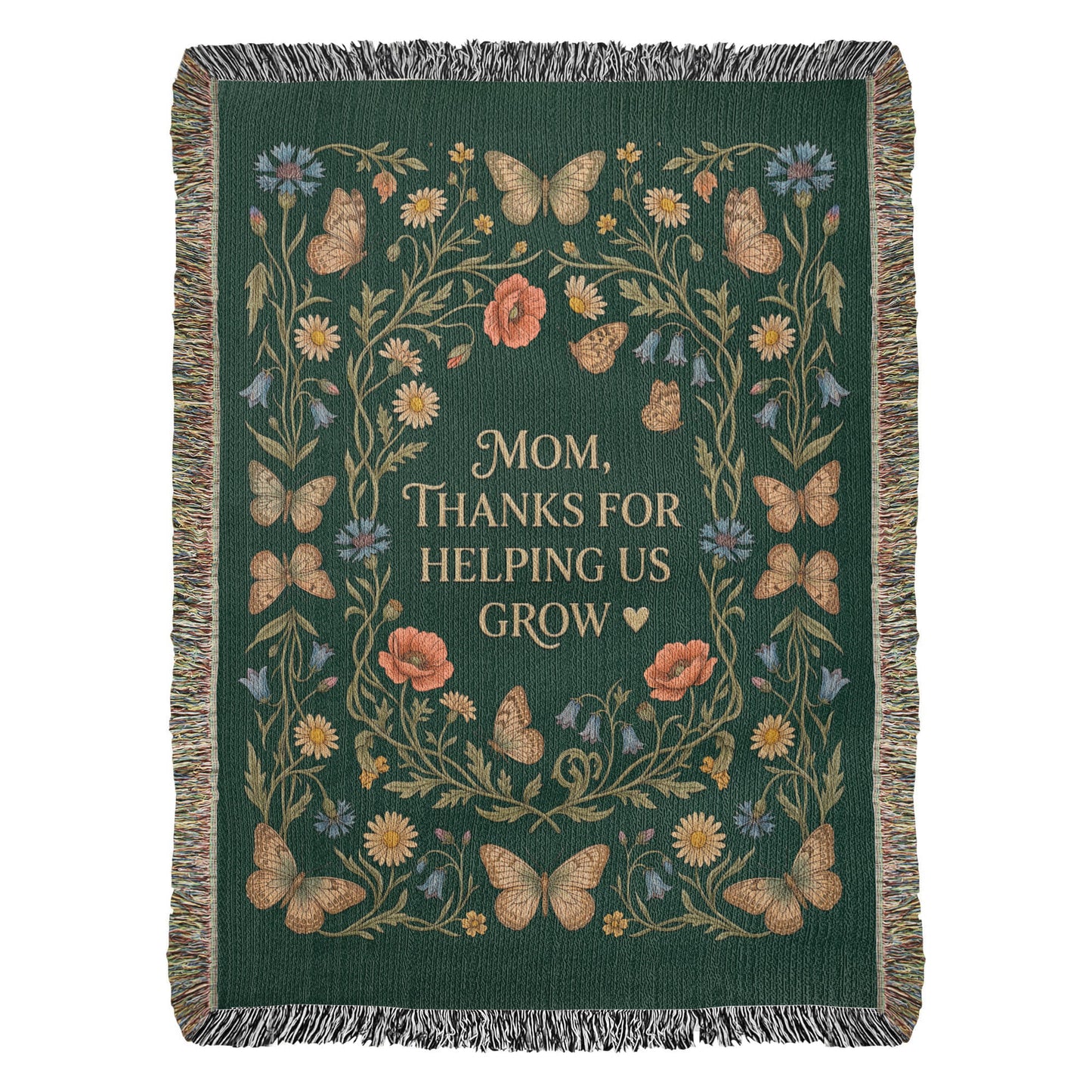 100% Cotton Woven Blanket – Mom Thanks for Helping Us Grow, Emerald Wildflower Throw Gift
