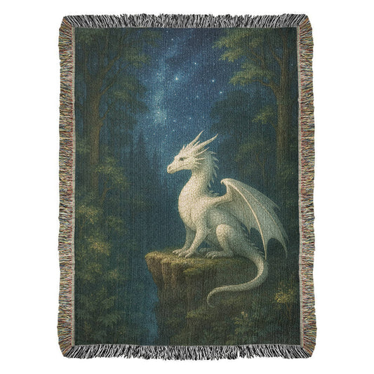 Premium Woven Cotton Throw – White Dragon on Rocky Cliff in Star-Filled Forest Night