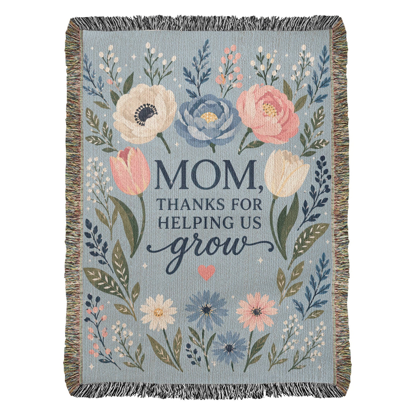 100% Cotton Woven Blanket – Mom Thanks for Helping Us Grow, Blue Floral Mother's Day Throw Gift