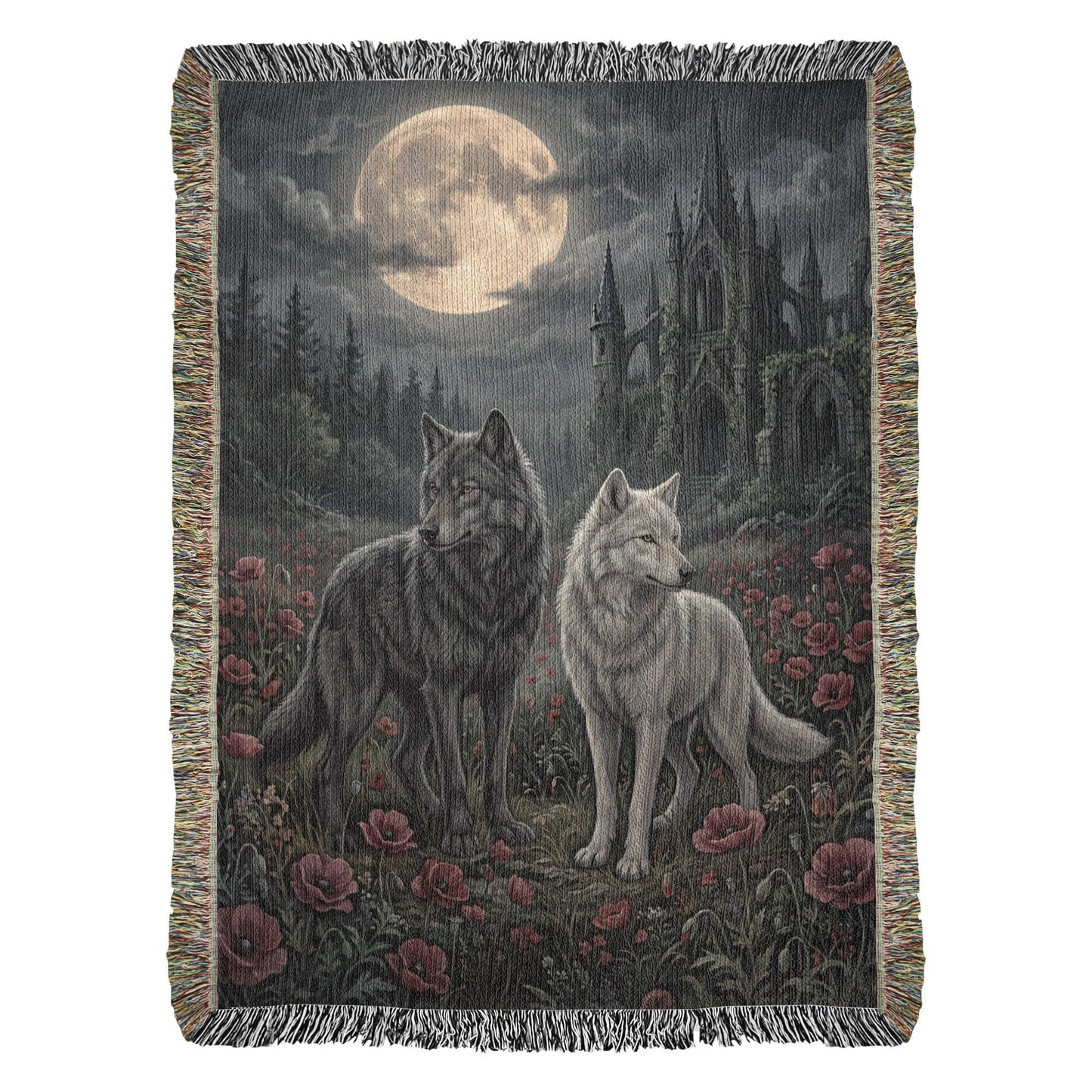 Cotton Woven Blanket – Gothic Wolf Couple in Poppy Field under Moon
