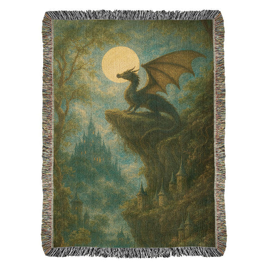 Premium Woven Cotton Throw – Fantasy Dragon on Cliff at Night with Castle in Distance