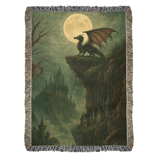 100% Cotton Woven Blanket – Majestic Dragon on Rocky Cliff under Moonlight with Castle View