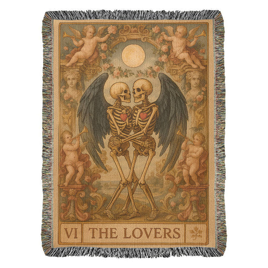 100% Cotton Woven Blanket – Gothic Skeleton Couple with Black Wings Surrounded by Cherubs, The Lovers Card Design