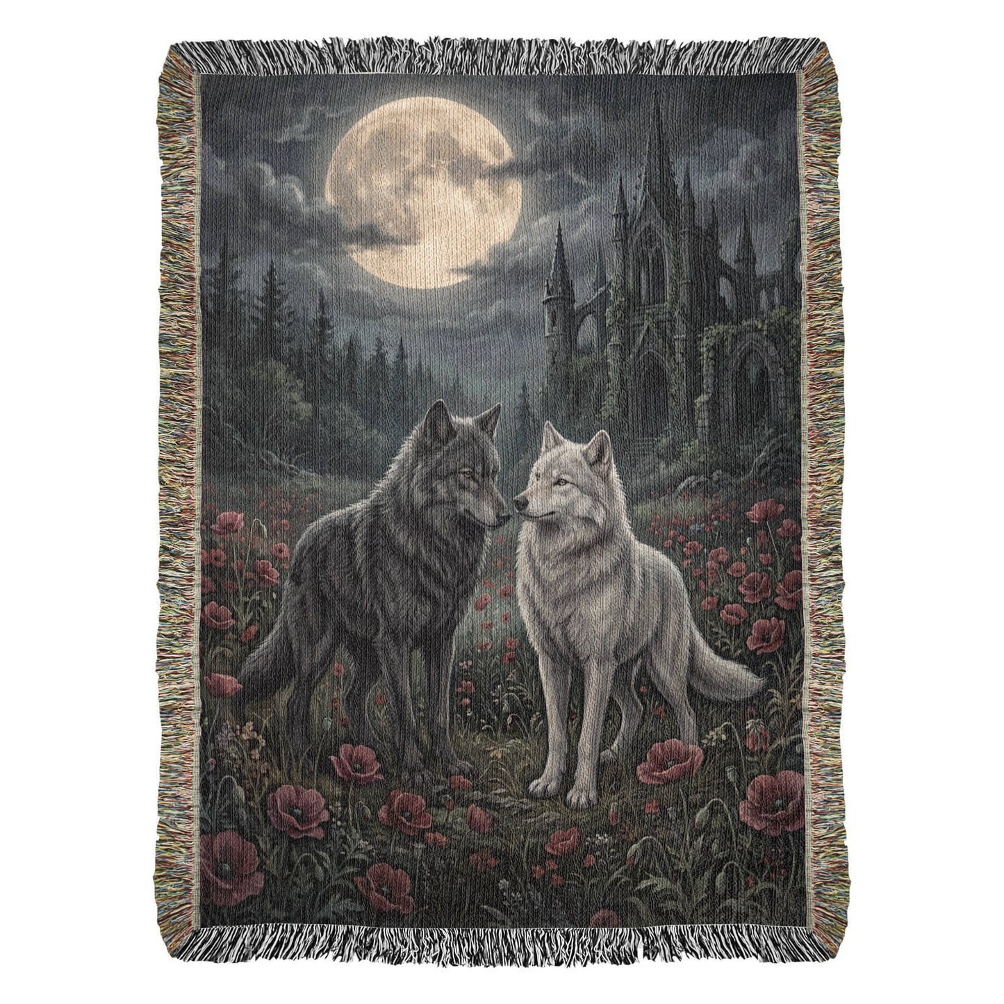 Gothic Wolf Couple Woven Blanket – Moonlit Castle, Poppy Field Tapestry