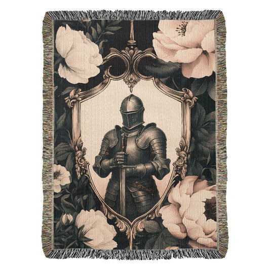 Premium Woven Cotton Throw – Knight Holding Sword in Heraldic Shield Frame