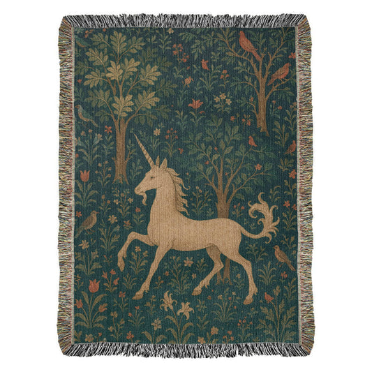 100% Cotton Woven Blanket – Magical Unicorn among Woodland Flowers and Birds
