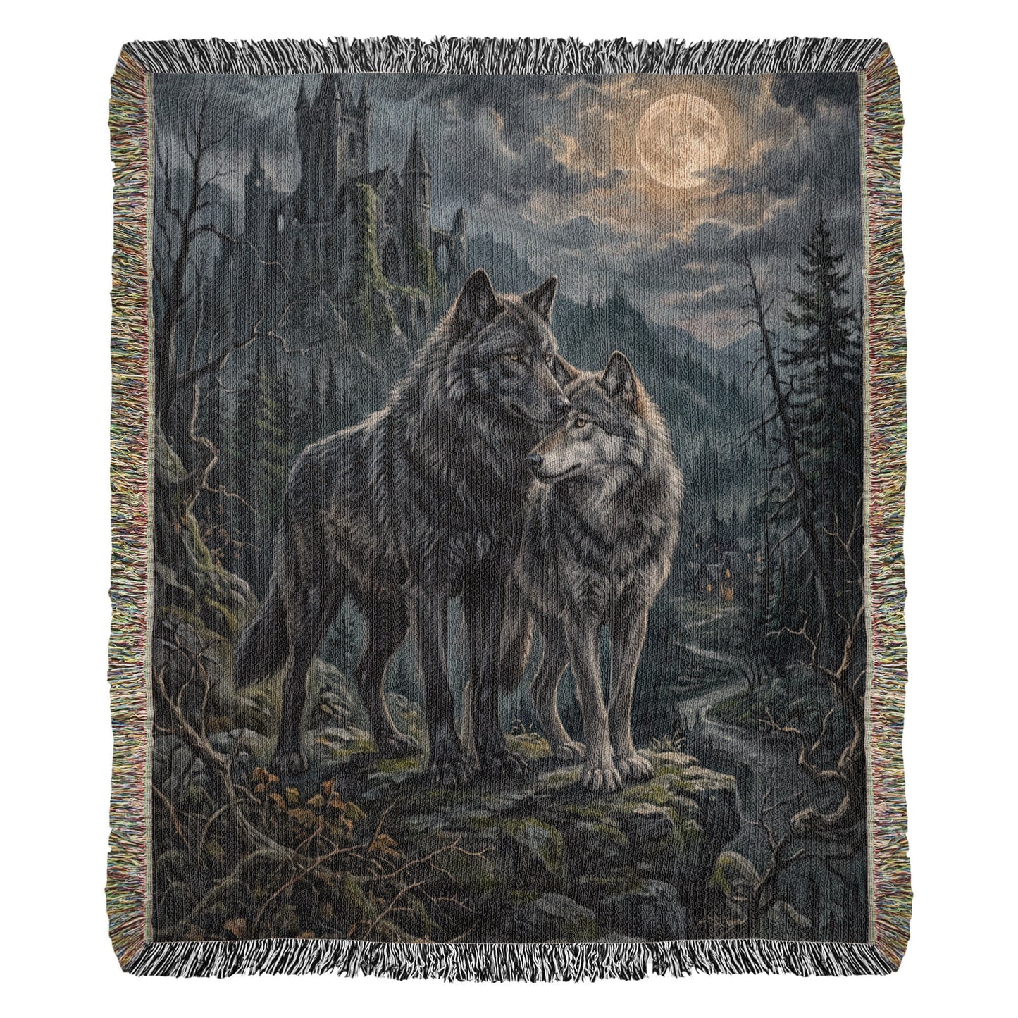 100% Cotton Woven Blanket – Gothic Wolf Couple on Cliff under Moon, Castle Village Scene, Dark Romantic Decor