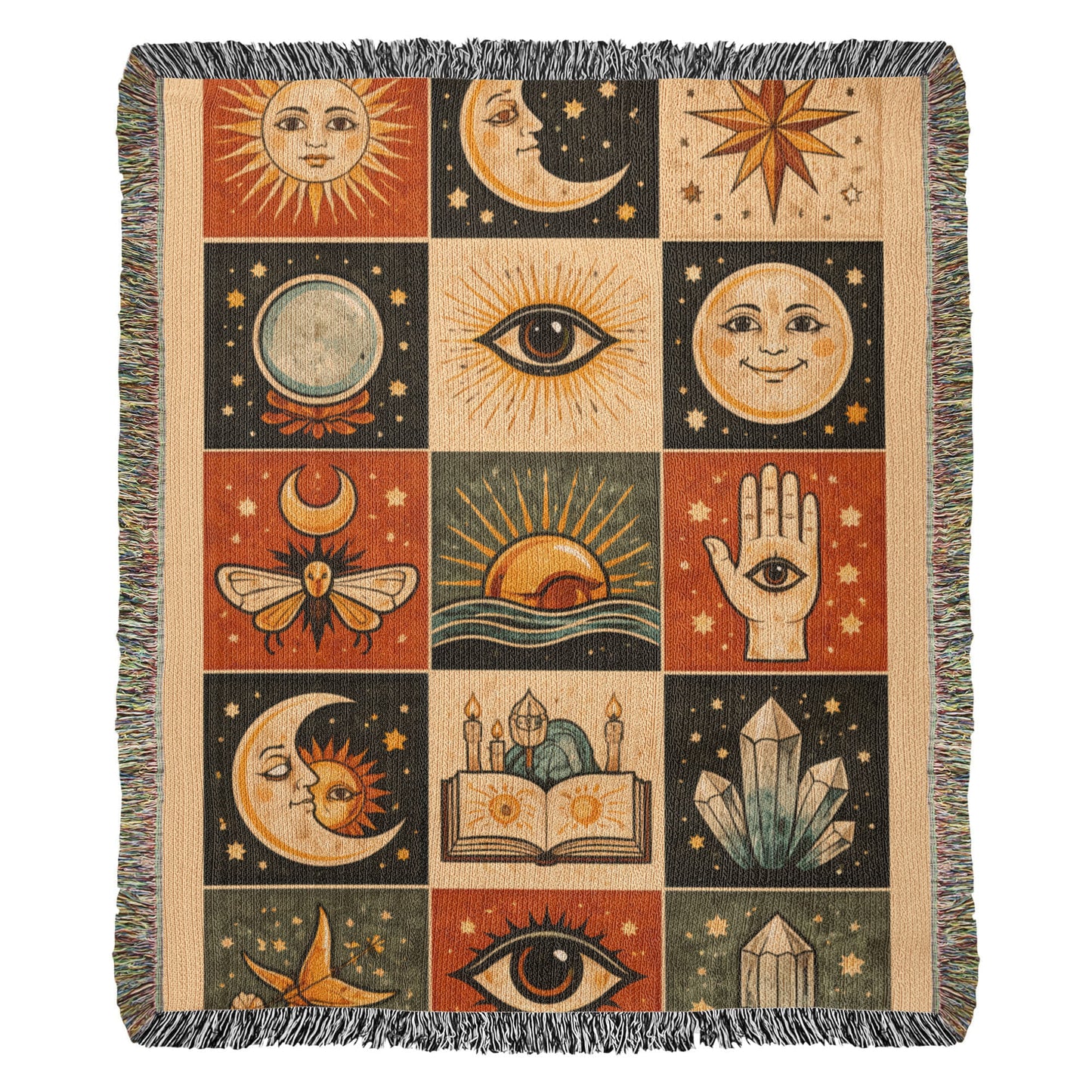 Woven Cotton Blanket – Celestial Tarot Sun Moon Stars, Witchy Boho Throw, Mystical Astrology Tapestry Decor