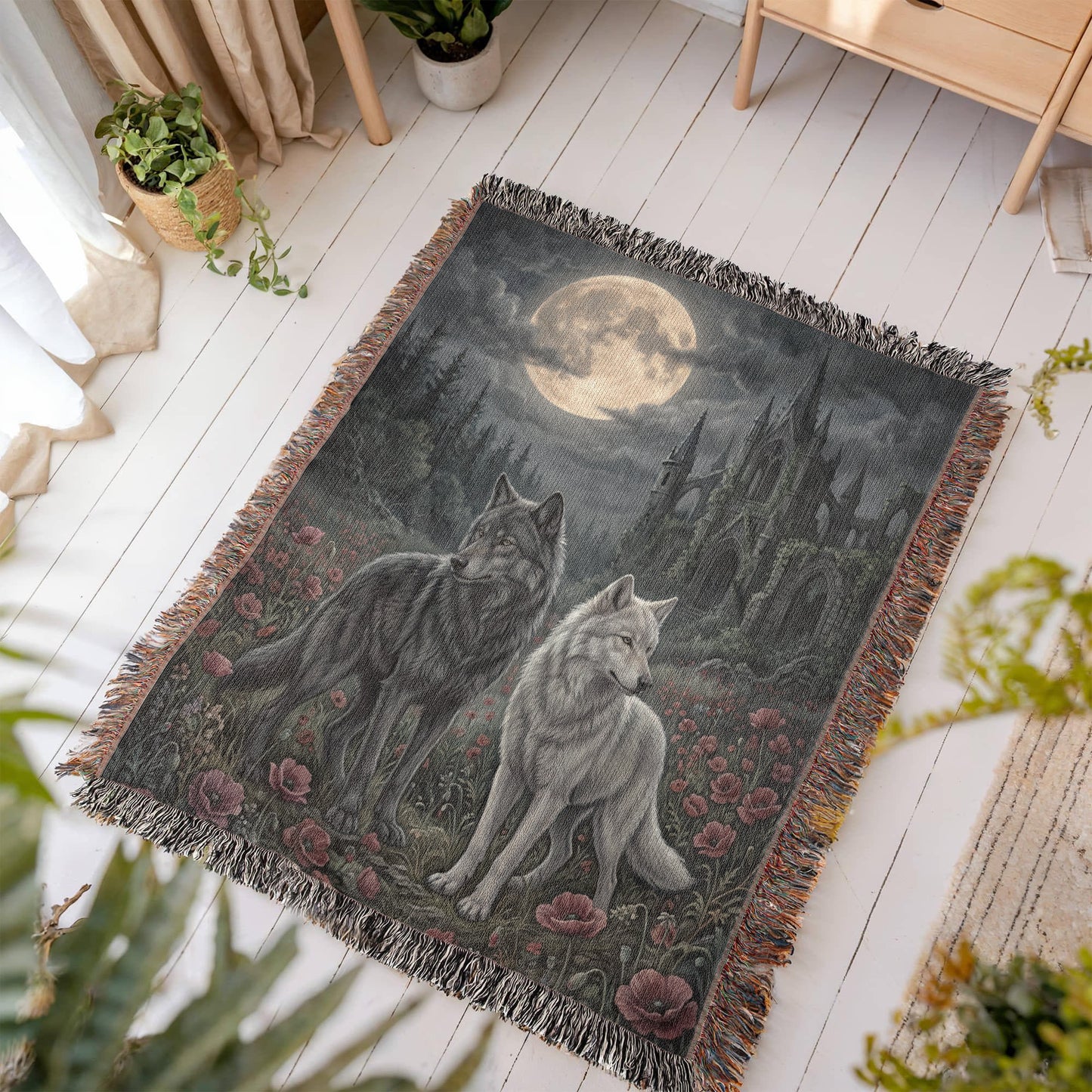Cotton Woven Blanket – Gothic Wolf Couple in Poppy Field under Moon