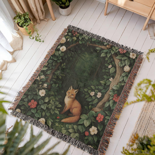 Cotton Woven Blanket – Woodland Fox among Leaves and Flowers