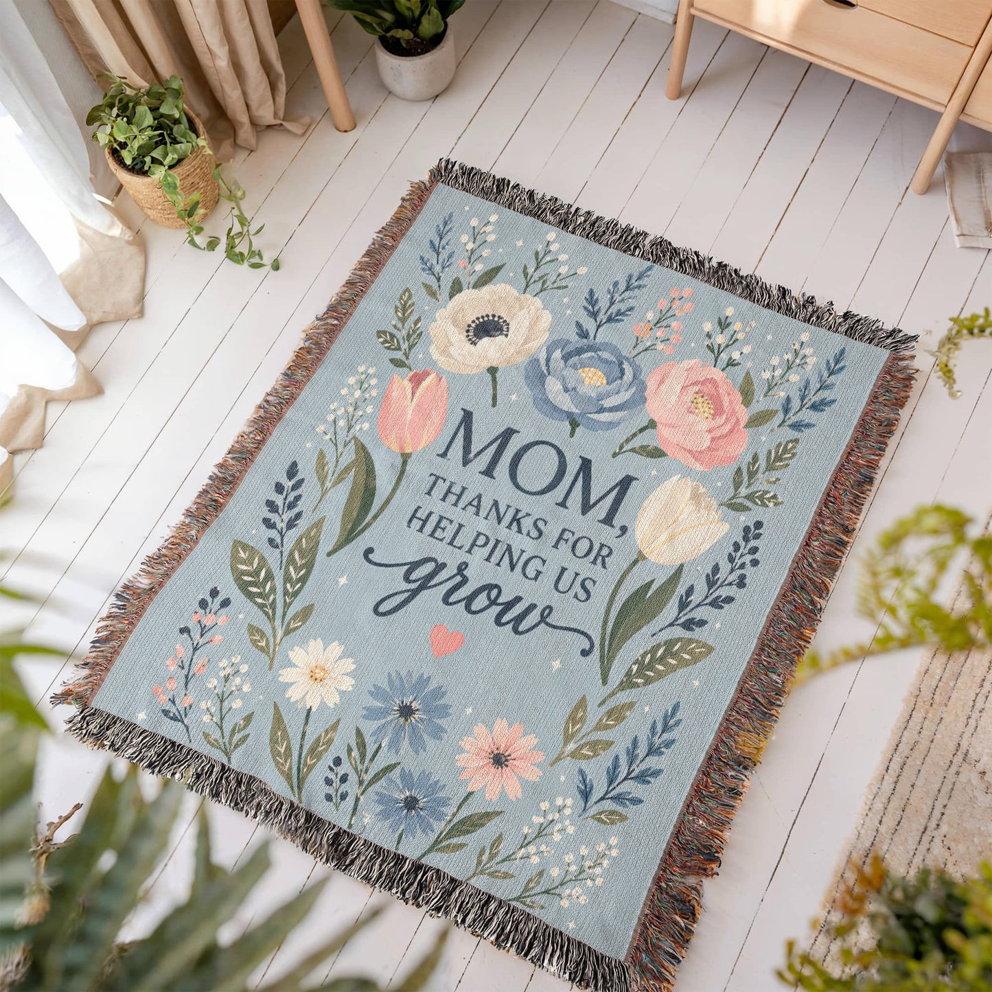 100% Cotton Woven Blanket – Mom Thanks for Helping Us Grow, Blue Floral Mother's Day Throw Gift