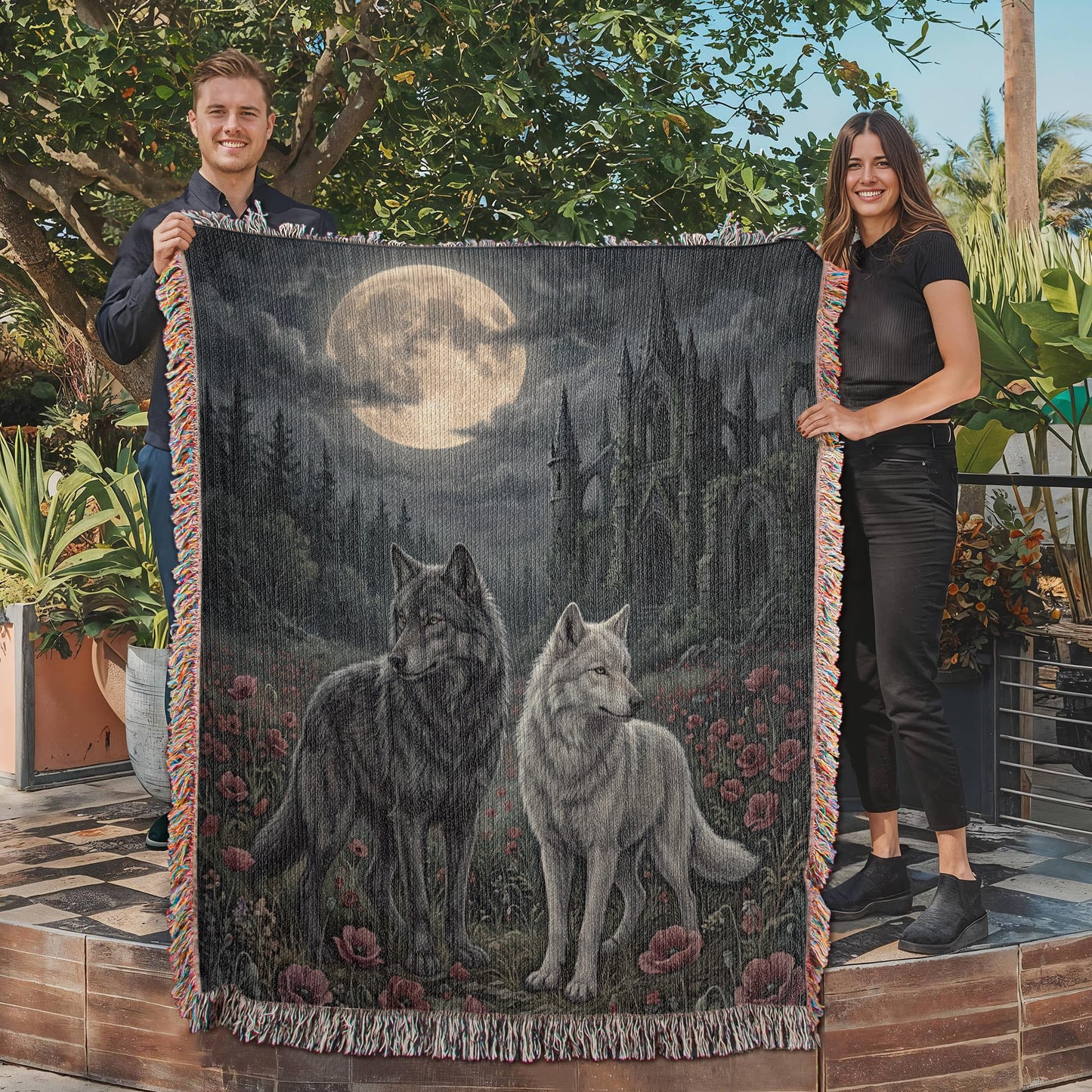 Cotton Woven Blanket – Gothic Wolf Couple in Poppy Field under Moon
