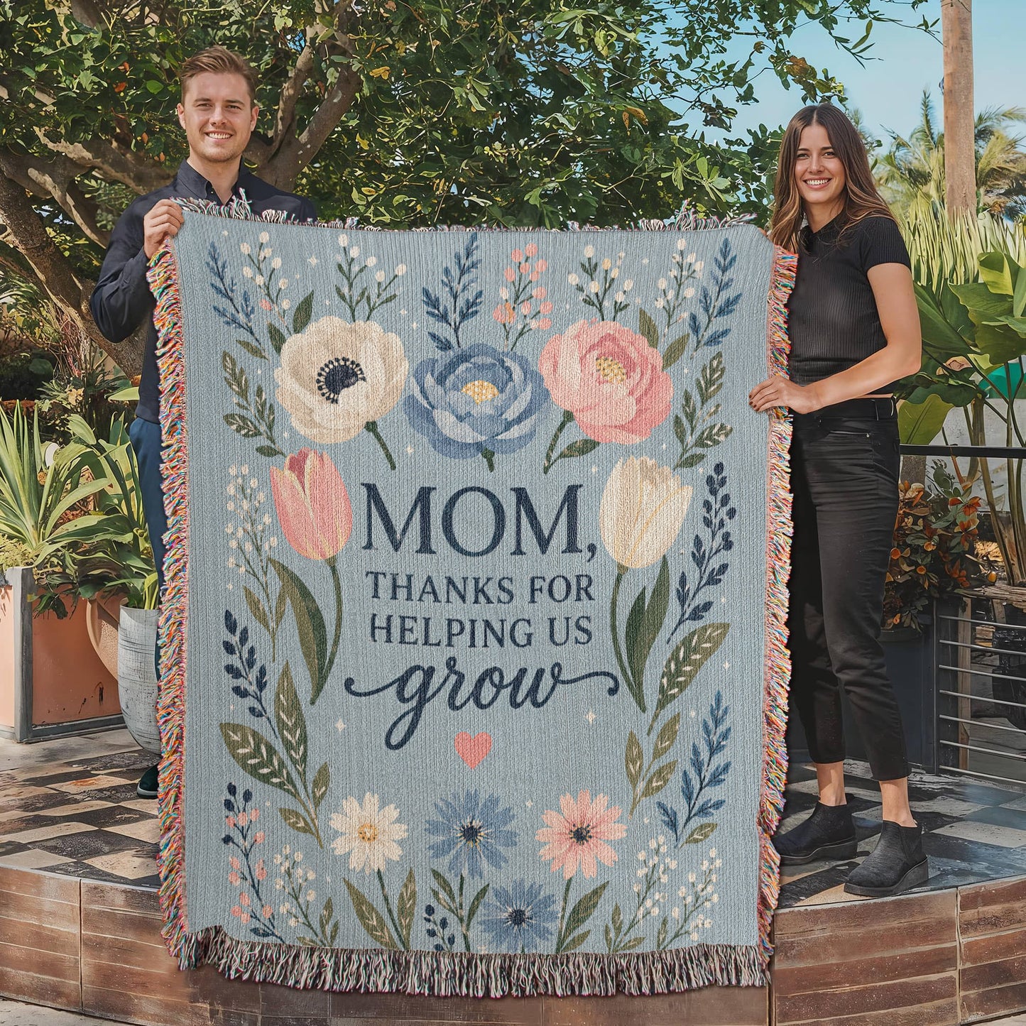 100% Cotton Woven Blanket – Mom Thanks for Helping Us Grow, Blue Floral Mother's Day Throw Gift