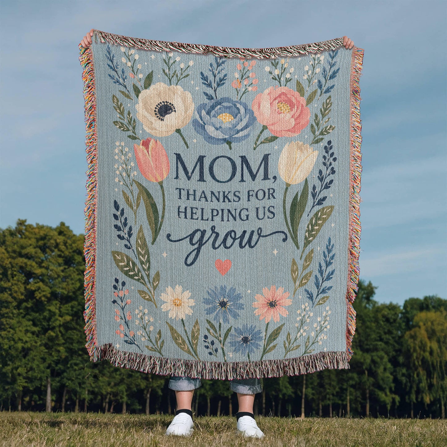 100% Cotton Woven Blanket – Mom Thanks for Helping Us Grow, Blue Floral Mother's Day Throw Gift