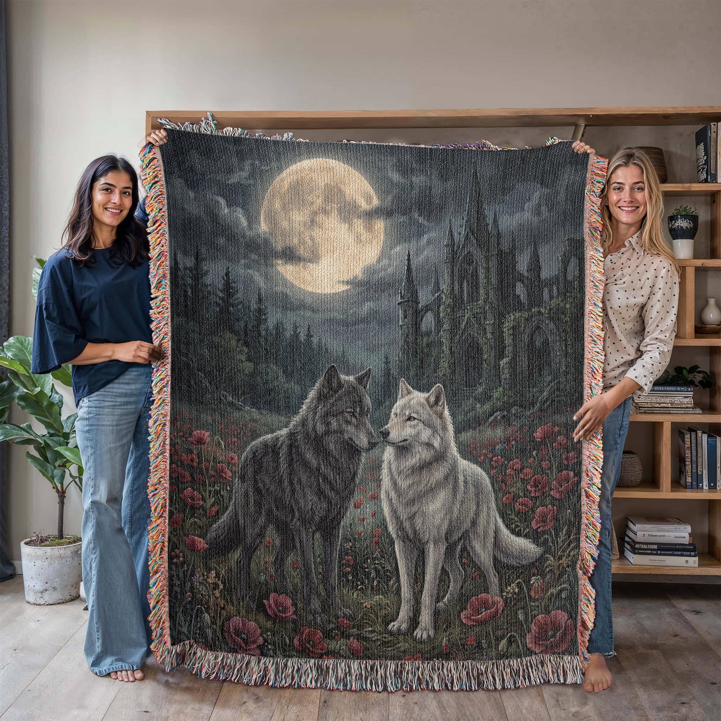 Gothic Wolf Couple Woven Blanket – Moonlit Castle, Poppy Field Tapestry