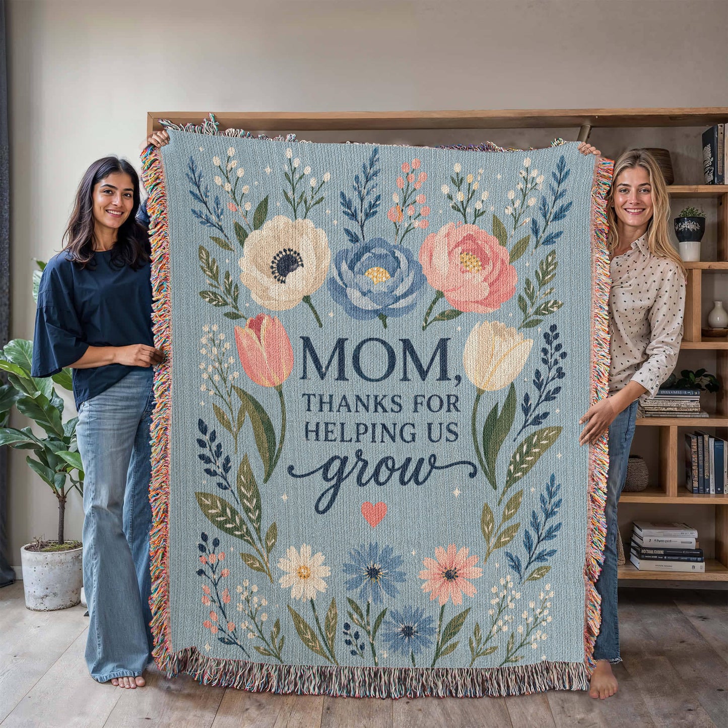 100% Cotton Woven Blanket – Mom Thanks for Helping Us Grow, Blue Floral Mother's Day Throw Gift