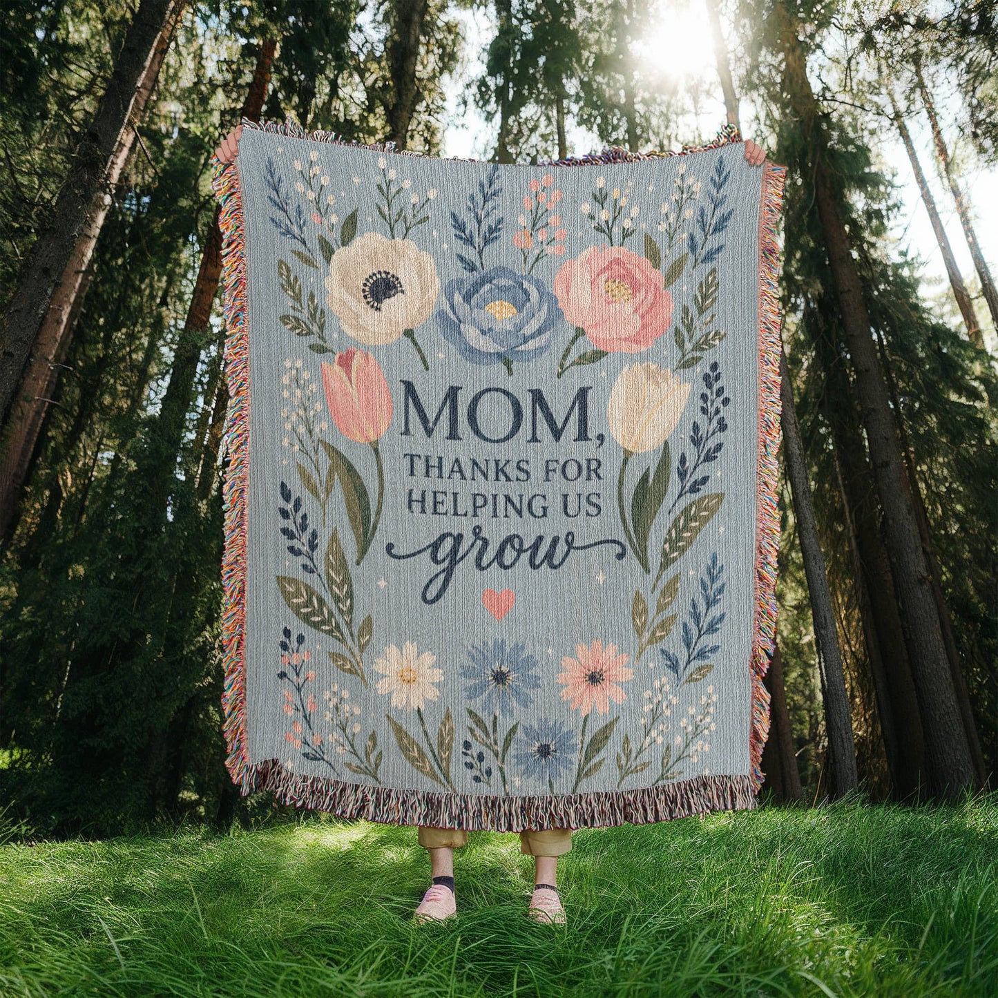 100% Cotton Woven Blanket – Mom Thanks for Helping Us Grow, Blue Floral Mother's Day Throw Gift