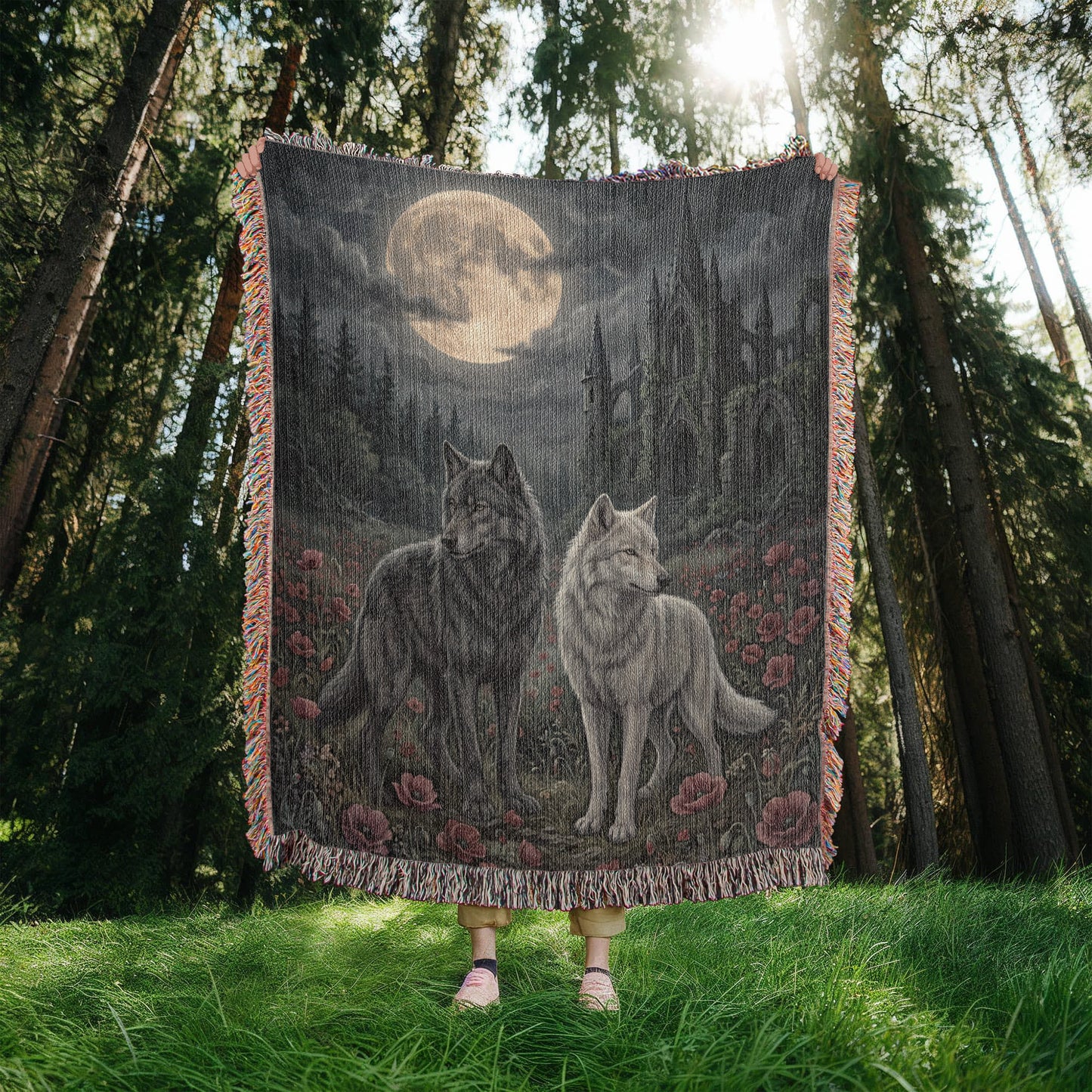 Cotton Woven Blanket – Gothic Wolf Couple in Poppy Field under Moon