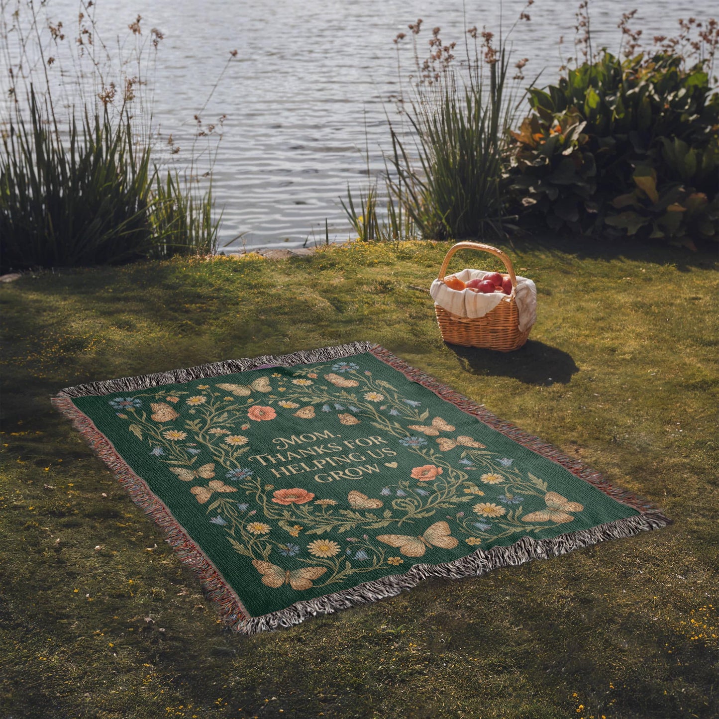 100% Cotton Woven Blanket – Mom Thanks for Helping Us Grow, Emerald Wildflower Throw Gift