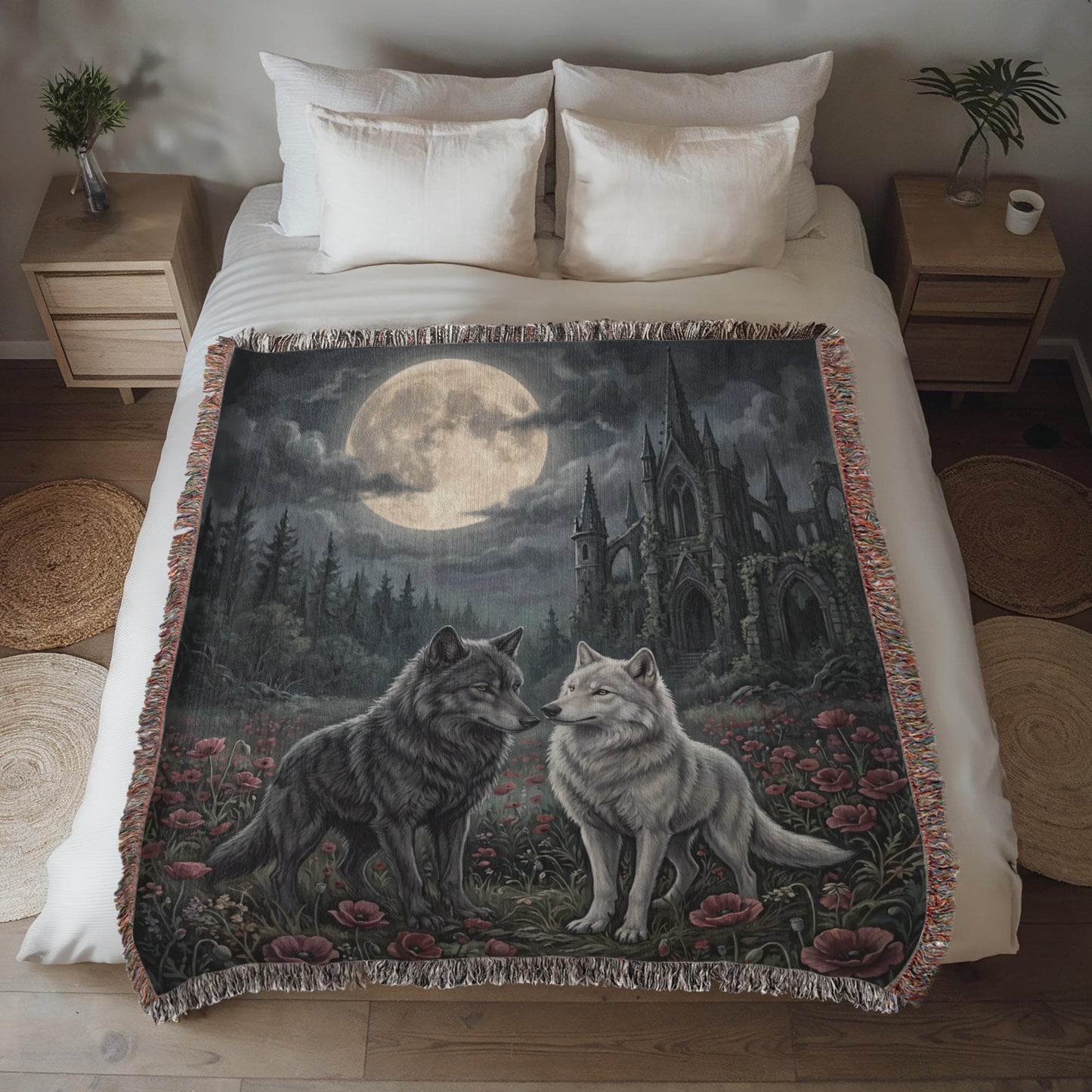 Gothic Wolf Couple Woven Blanket – Moonlit Castle, Poppy Field Tapestry