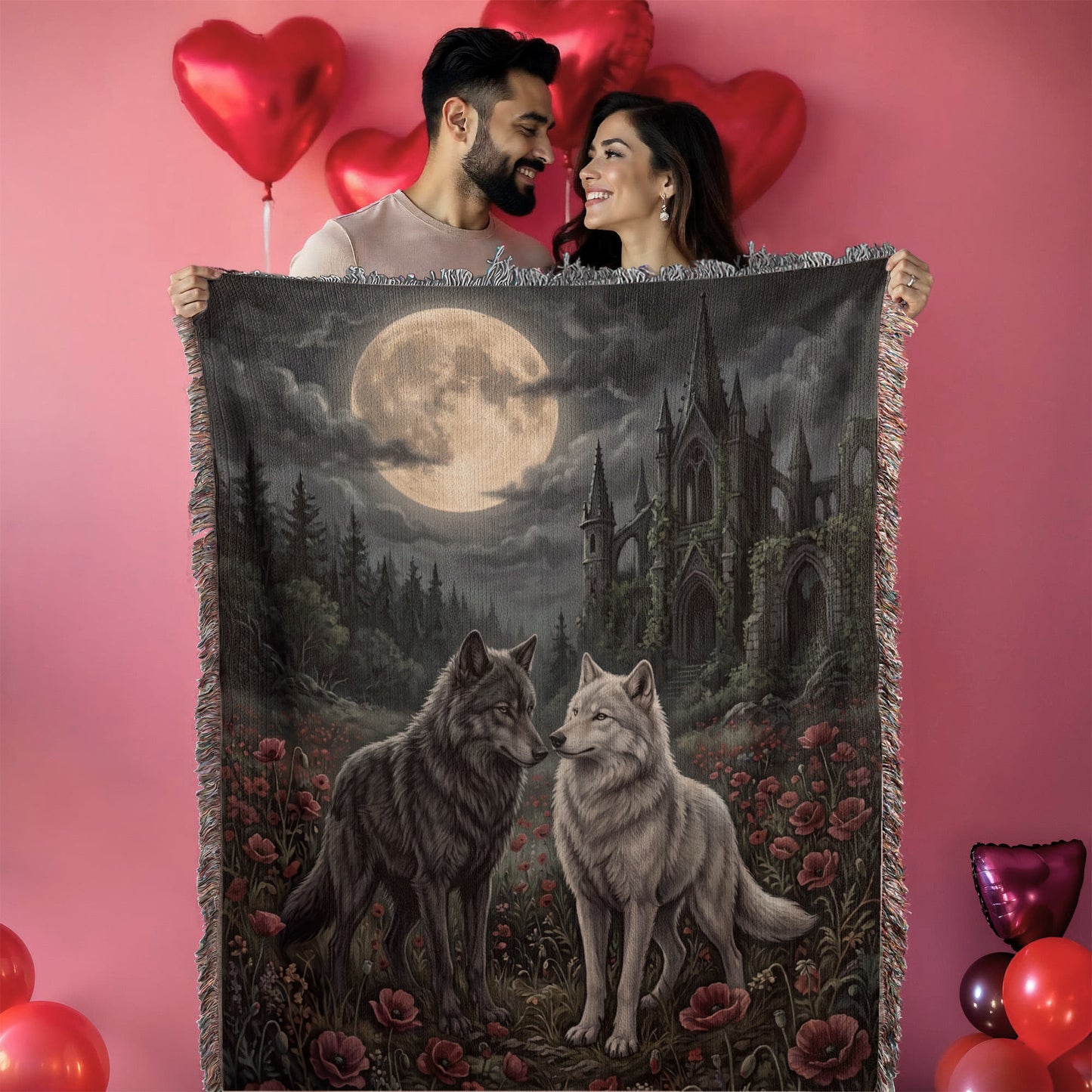 Gothic Wolf Couple Woven Blanket – Moonlit Castle, Poppy Field Tapestry