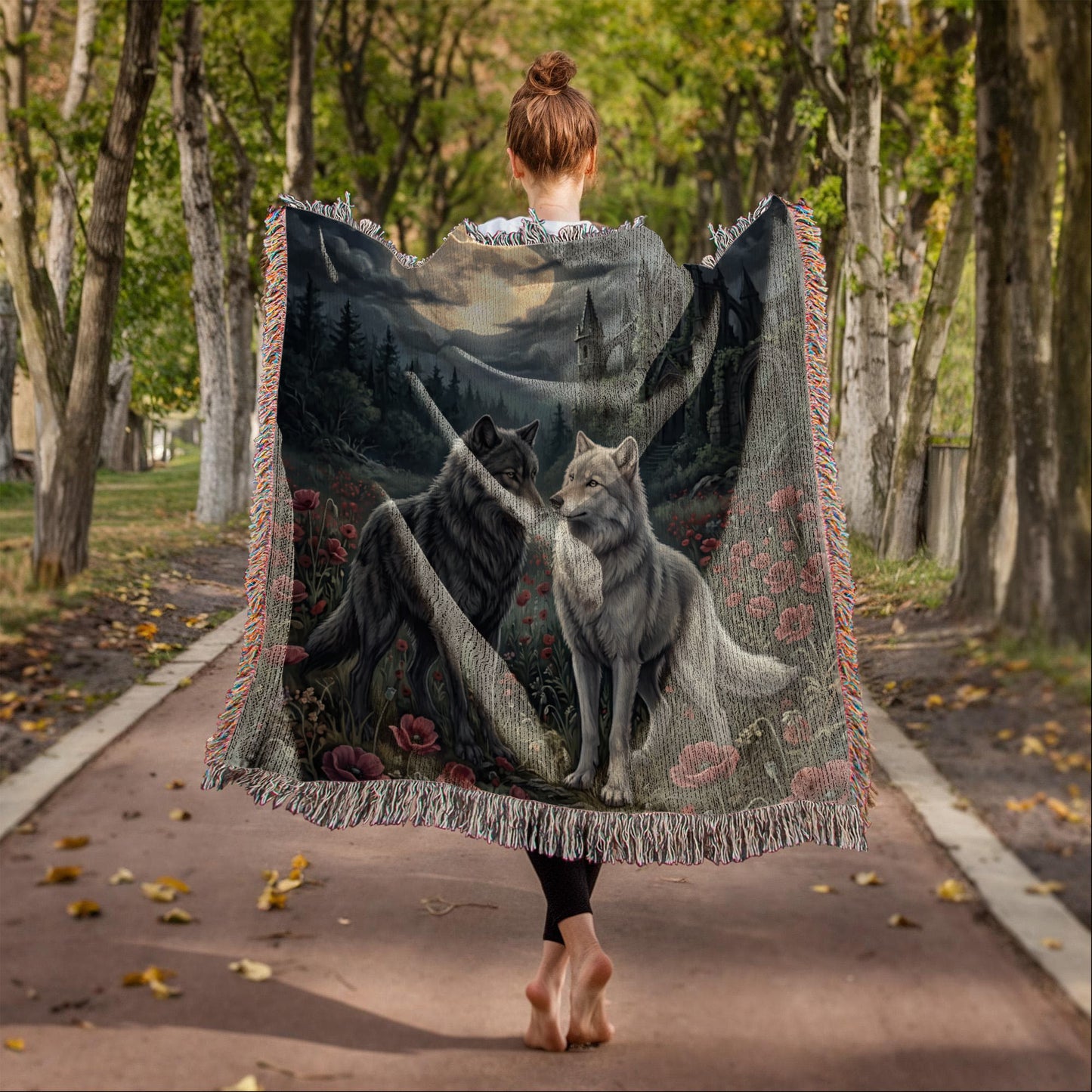 Gothic Wolf Couple Woven Blanket – Moonlit Castle, Poppy Field Tapestry