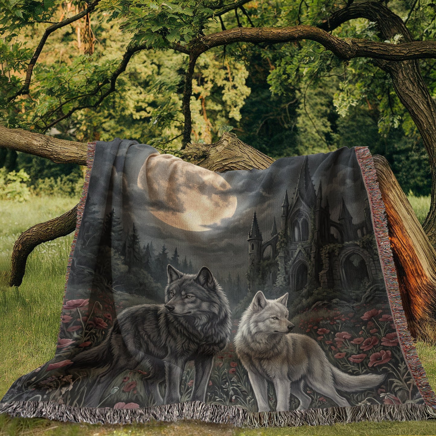 Cotton Woven Blanket – Gothic Wolf Couple in Poppy Field under Moon