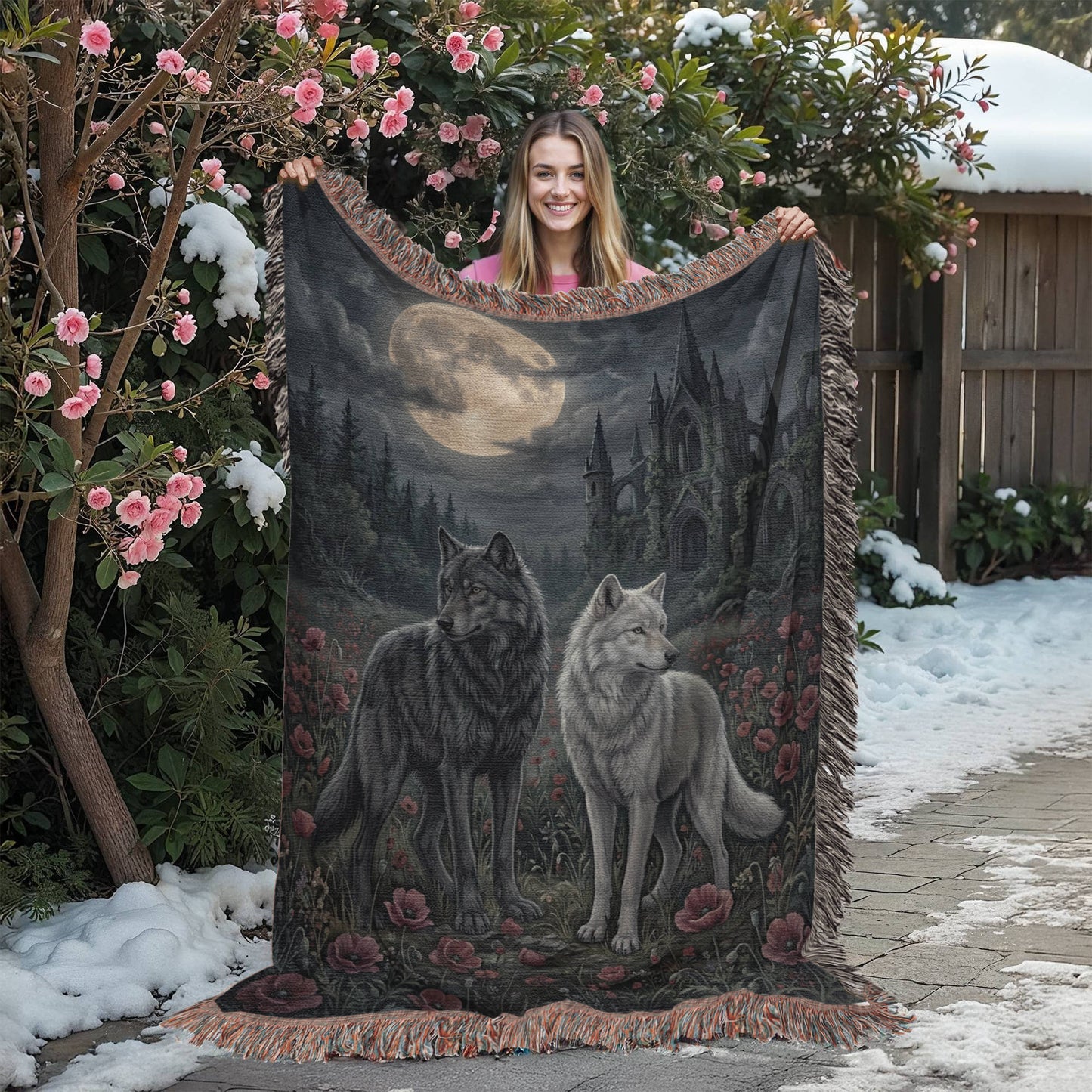 Cotton Woven Blanket – Gothic Wolf Couple in Poppy Field under Moon