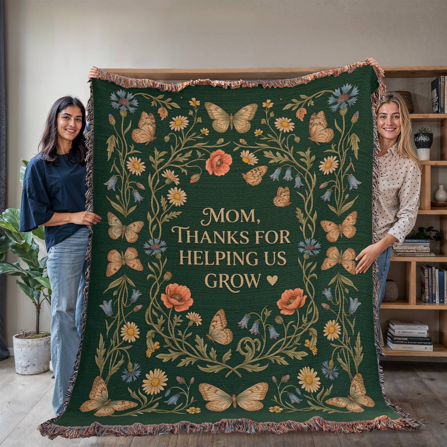 100% Cotton Woven Blanket – Mom Thanks for Helping Us Grow, Emerald Wildflower Throw Gift
