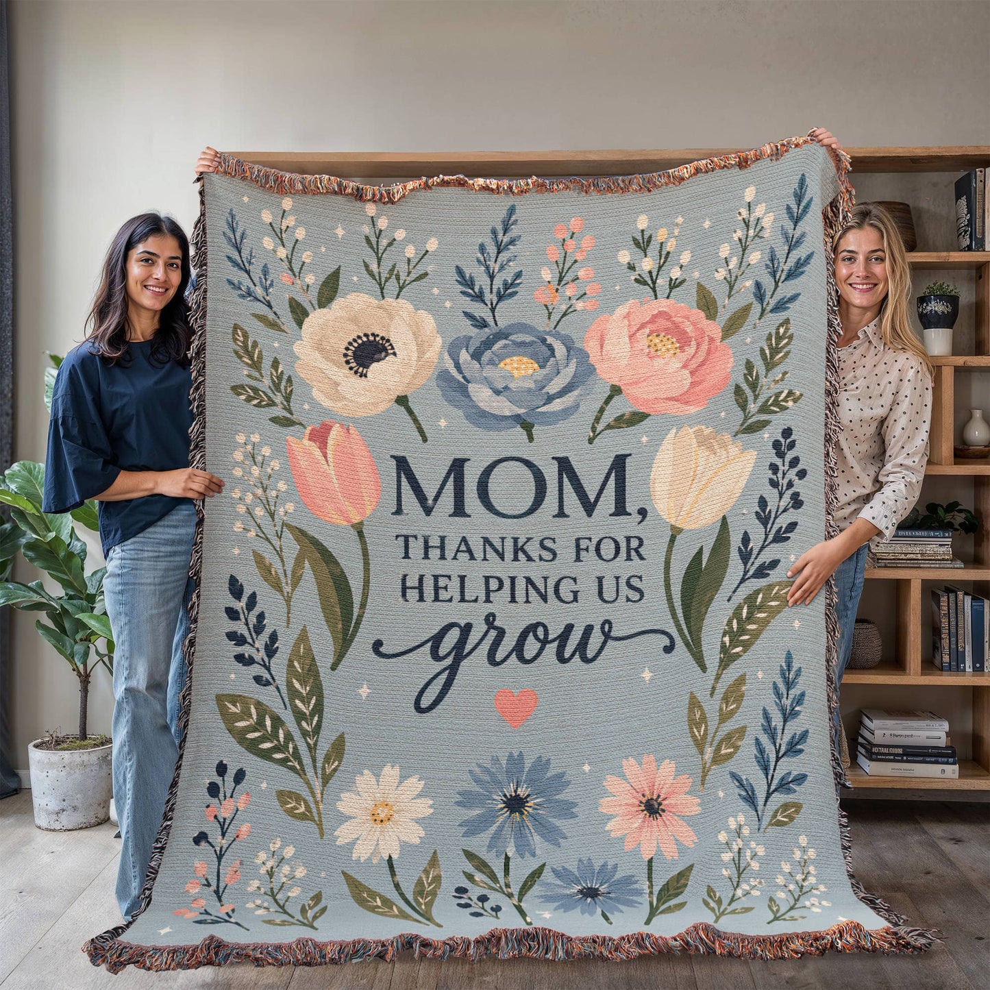 100% Cotton Woven Blanket – Mom Thanks for Helping Us Grow, Blue Floral Mother's Day Throw Gift